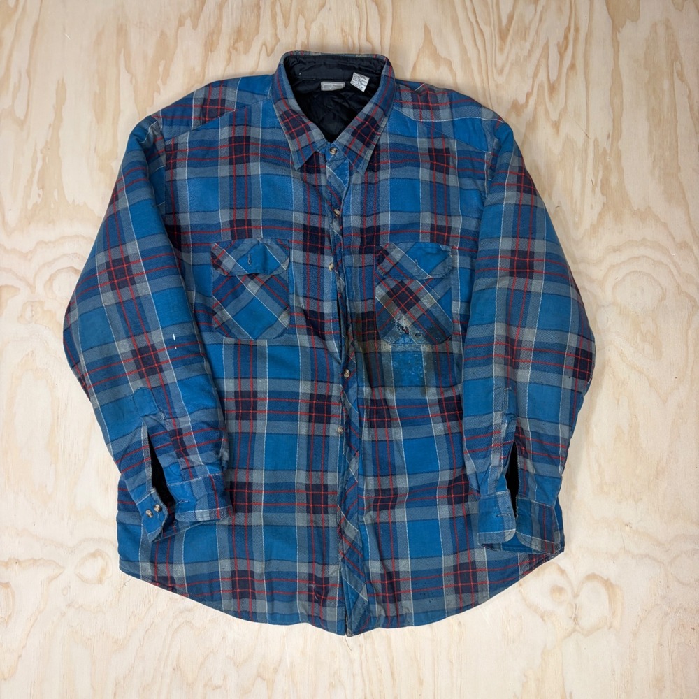 Outdoor Exchange Mens Plaid Quilted Flannel Shirt Jacket Blue Red Distressed XL